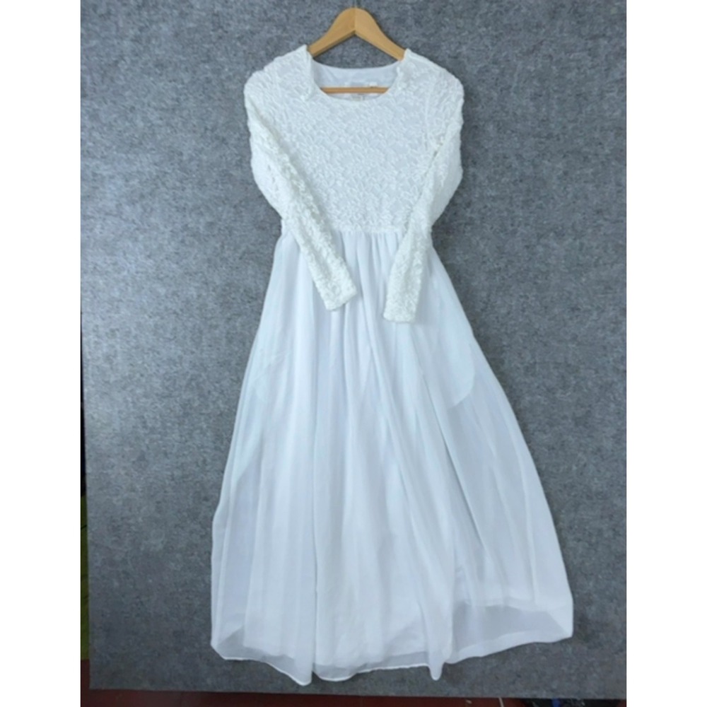 Jody California Temple Dress Women XS Petite White Floral Lace Maxi Long Sleeve